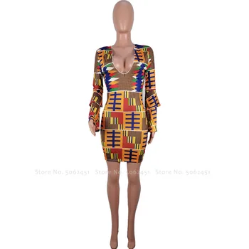 Āfrikas Ankara Kaftan Turcija Dubaija Sievietēm Lady Kleitu Modes V-Veida Kakla Sexy Slim Bohēmijas Iespiests Kleitas Arābu Bazin Arābu Apģērbs