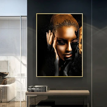 Āfrikas Pliks Sieviete Melnā un Zelta Audekla Gleznu Plakātu Drukas Skandināvijas Sienas Art Attēlu Cuadros Mājas Apdare Istabas Interjeru