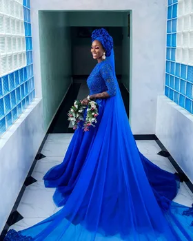 Āfrikas Royal Blue Kāzu Kleitas 2021Aso Ebi Mežģīnes Fāzēm-line Tilla Līgavas Kleitas Ar Mežģīņu Plīvuru Pieticīgas Kāzu Kleitas