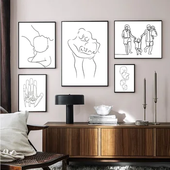 Ģimene Kopā Zīmēt Līnijas Mākslas Glezniecības Mūsdienu Audekls Plakātu Drukas Minimālisma Sienas Art Attēlus Dzīvojamā Istaba Dekori