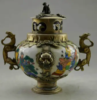 Ķīna Veco Dekorēts Handwork Porcelāna Tibetas Sudraba Belle Vīraks Deglis