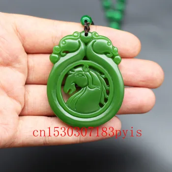 Ķīnas Dabas Green Jade Zirgu Kulons, Kaklarota, Double-sided Dobi Cirsts Šarmu Rotaslietas Modes Amuletu Vīriešiem, Sievietēm, ir Paveicies, Dāvanas