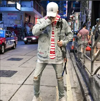 Ķīnas hip - hop džinsa vīriešiem un sievietēm apšļākt tintes grafiti uz lupatu samazināt līdz vecās jakas zaudēt skaists jaka.