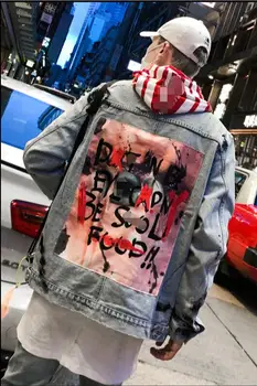 Ķīnas hip - hop džinsa vīriešiem un sievietēm apšļākt tintes grafiti uz lupatu samazināt līdz vecās jakas zaudēt skaists jaka.