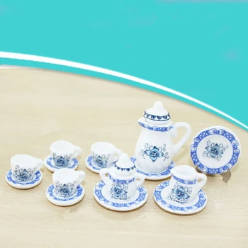 Ķīnas Keramikas Namiņš Miniatūras Zilā un Baltā Porcelāna Pusdienu Trauki, Tējas Trauku Komplekts Cup Plate Leļļu Nams Virtuves Piederumi
