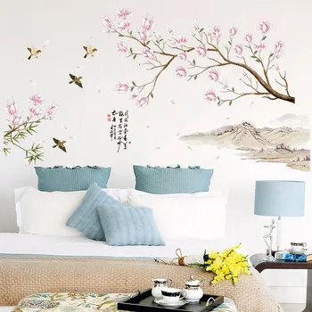 Ķīniešu stila Ziedu Putnu Quote Eco-friendly Guļamistaba, Dzīvojamā Istaba Noņemams pašlīmējošās Sienu Dekoratīvās Uzlīmes Decal Sienas