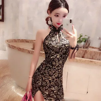 Ķīniešu Stilā Klubu Kleita Sievietes Maksti Cheongsam Kleita Vintage Izdrukāt Pavada Īss Mini Kleita Bodycon Mini Nakts Puse Vestidos