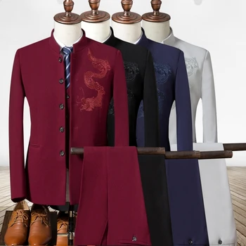 Ķīniešu Stilā Mandarīnu Apkakles Vīriešu Uzvalki Vīriešu Modes Ķīnas Dragon Izšūti Klasiskās Formālās Biznesa Uzvalks Vakariņas Uzvalks 2Piece