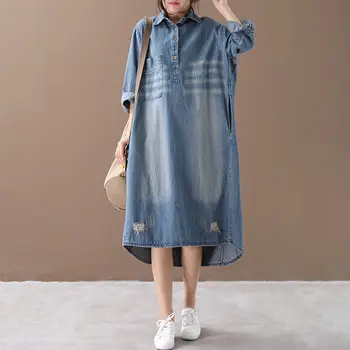 Ļoti Liela Izmēra Džinsa Krekls Sievietēm korejas Drēbes Zaudēt Vintage Modes Caurumu Ilgtermiņa piedurknēm Gadījuma Džinsa Kleita Plus Lieluma Blusas f29