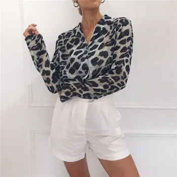 Šifona Blūze Ar Garām Piedurknēm Sexy Leopards Drukāt Blūze Savukārt 2019. Gada Rudenī Dāma Biroja Krekls, Tunika Ikdienas Mīksti Topi Plus Lieluma Blusas