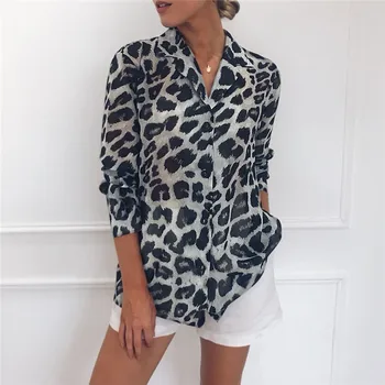 Šifona Blūze Ar Garām Piedurknēm Sexy Leopards Drukāt Blūze Savukārt 2019. Gada Rudenī Dāma Biroja Krekls, Tunika Ikdienas Mīksti Topi Plus Lieluma Blusas