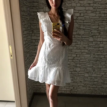 Šiks Modes Dobi No Mini Balta Kleita Sievieti Bez Piedurknēm, V Veida Kakla Boho Vasaras Pludmales Brīvdienu Kleita Sieviešu Modes Jaunu 2019