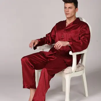 Šķērssvītroto Traipu Zīda Vīriešu Pidžamas Komplekts Vīriešu Pidžamas Zīda Sleepwear Visos Gadalaikos 2 Gab garām Piedurknēm Satīna Pidžamas Homme Homewear 3XL