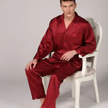 Šķērssvītroto Traipu Zīda Vīriešu Pidžamas Komplekts Vīriešu Pidžamas Zīda Sleepwear Visos Gadalaikos 2 Gab garām Piedurknēm Satīna Pidžamas Homme Homewear 3XL
