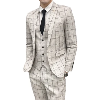 ( Žakete + Veste + Bikses ) Vīriešu Modes Boutique Pleds Formālas Biznesa Uzvalks Slim Pleds Kāzu Vīriešu Uzvalks, Balta Pelēka Melna Zila